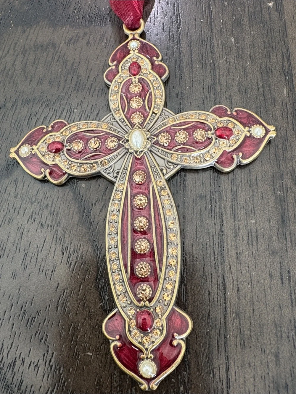 Vintage Ornate Red and Gold Cross Holiday Ornament - Unbranded